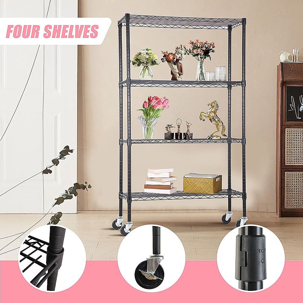 Wire Storage Rack – 120x60cm Black Shelving with Wheels