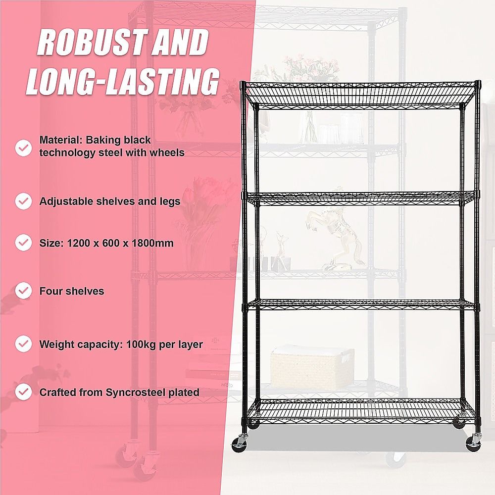 Wire Storage Rack – 120x60cm Black Shelving with Wheels