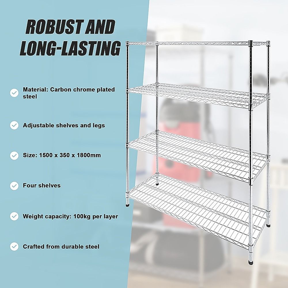 Wire Storage Rack – 150x35cm Chrome Shelving with Fixed Legs