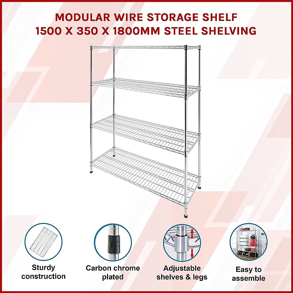 Wire Storage Rack – 150x35cm Chrome Shelving with Fixed Legs