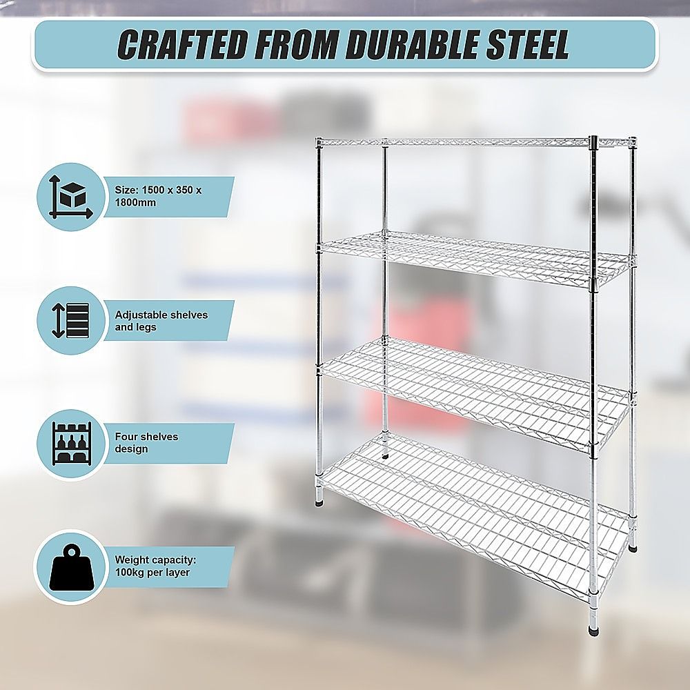 Wire Storage Rack – 150x35cm Chrome Shelving with Fixed Legs