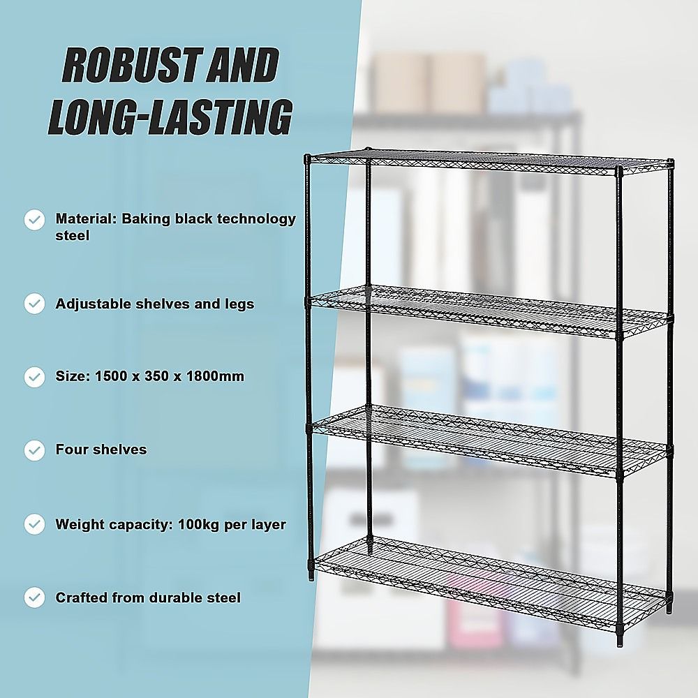 Wire Storage Rack – 150x35cm Black Shelving with Fixed Legs