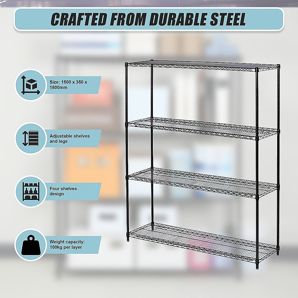 Wire Storage Rack – 150x35cm Black Shelving with Fixed Legs
