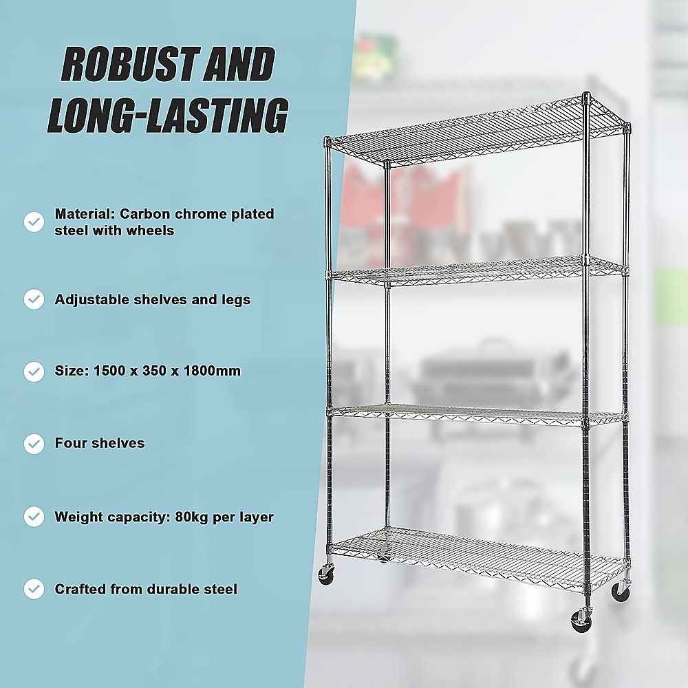 Wire Storage Rack – 150x35cm Chrome Shelving with Wheels