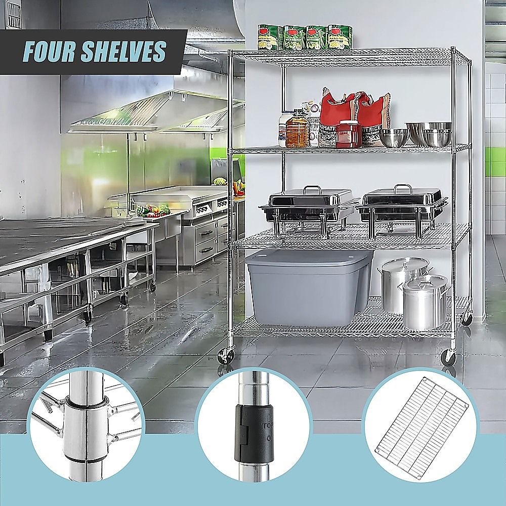Wire Storage Rack – 150x35cm Chrome Shelving with Wheels