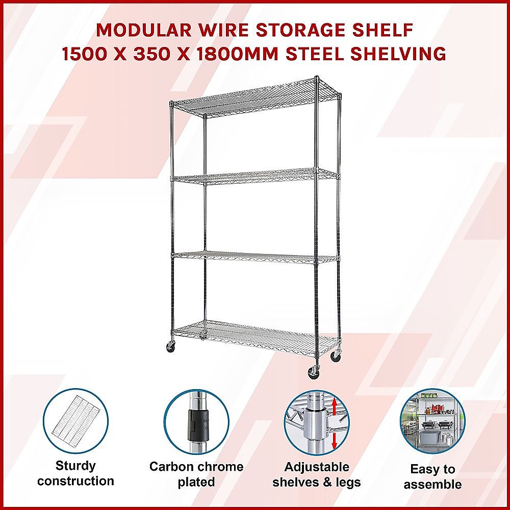 Wire Storage Rack – 150x35cm Chrome Shelving with Wheels