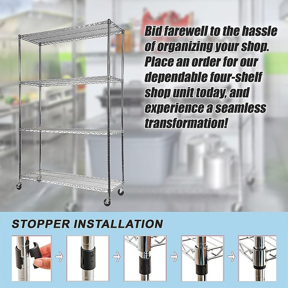 Wire Storage Rack – 150x35cm Chrome Shelving with Wheels