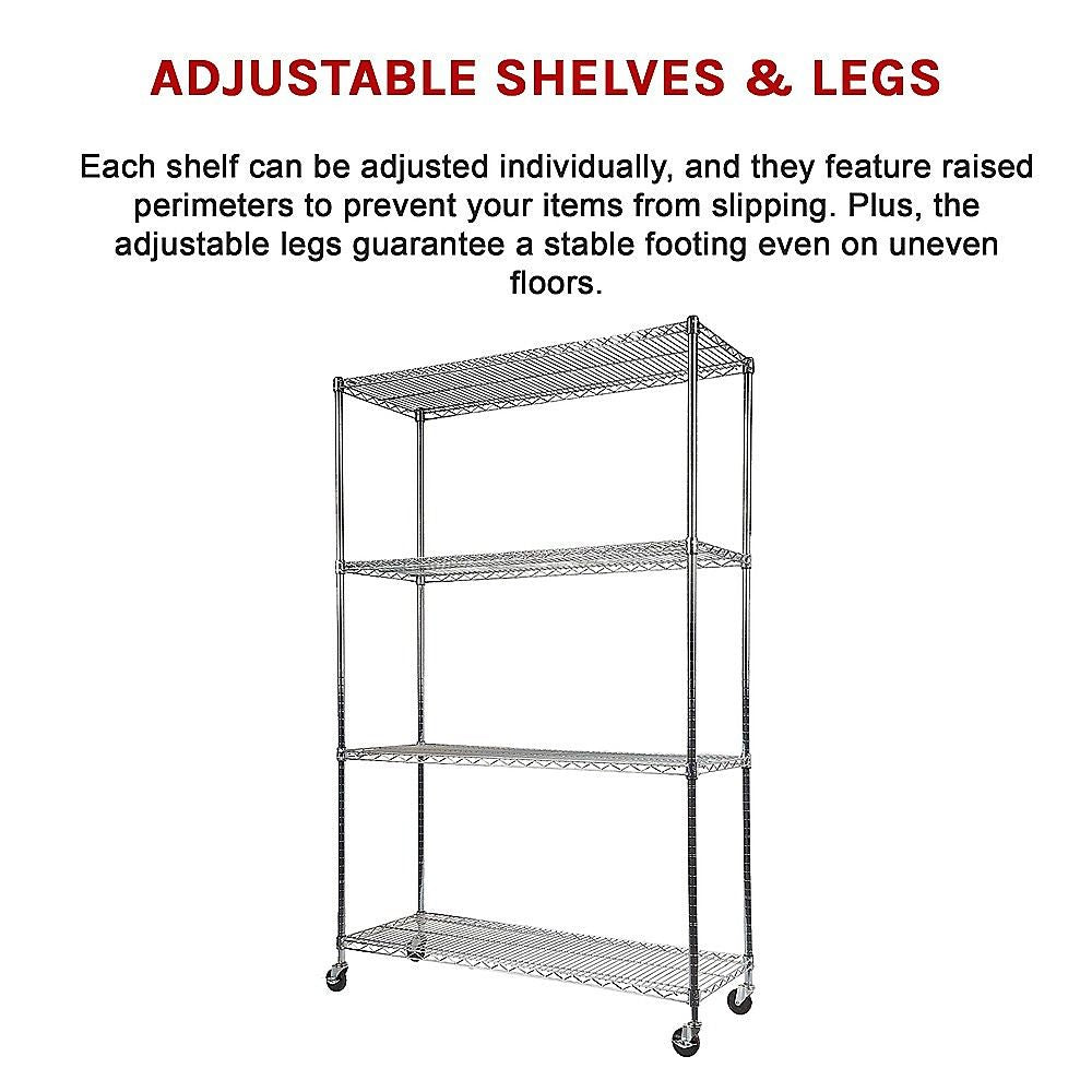 Wire Storage Rack – 150x35cm Chrome Shelving with Wheels