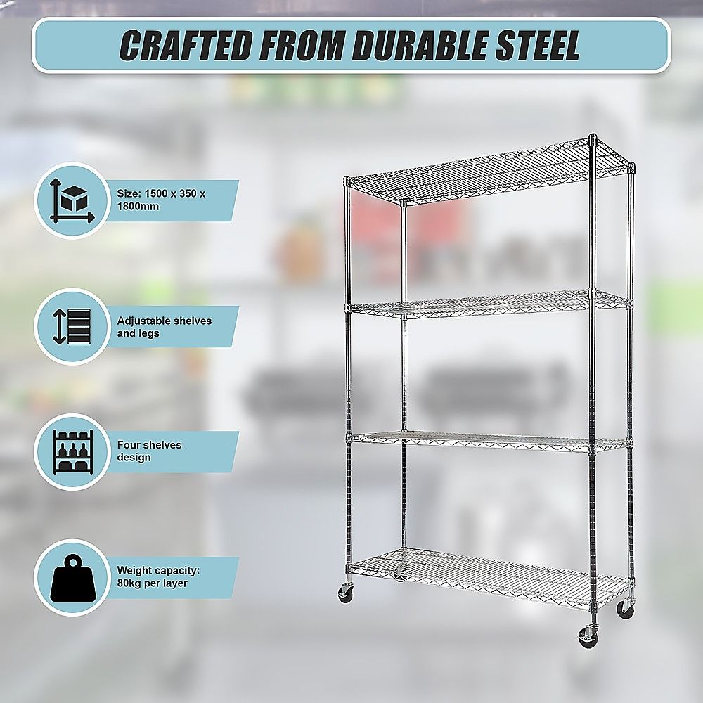 Wire Storage Rack – 150x35cm Chrome Shelving with Wheels