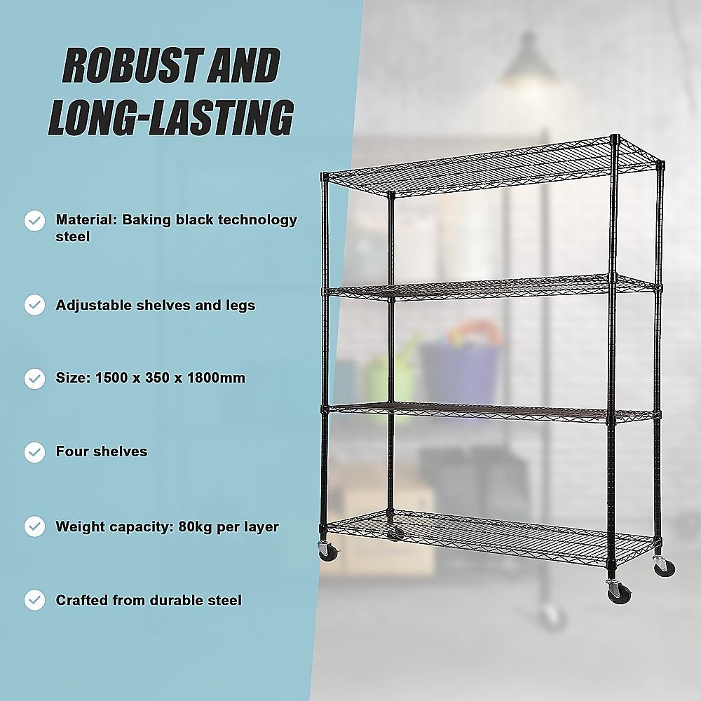 Wire Storage Rack – 150x35cm Black Shelving with Wheels