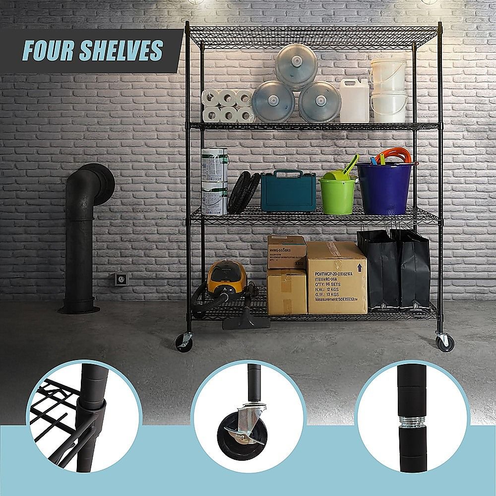 Wire Storage Rack – 150x35cm Black Shelving with Wheels