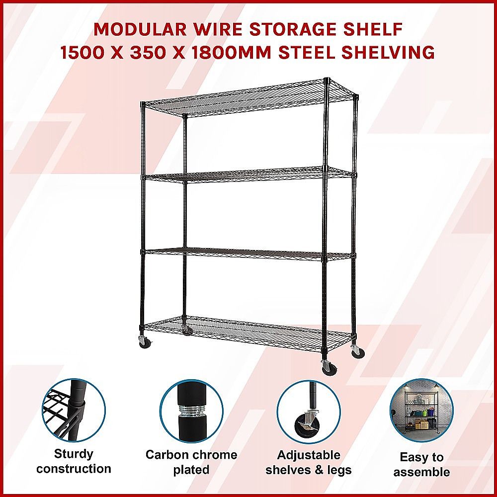 Wire Storage Rack – 150x35cm Black Shelving with Wheels