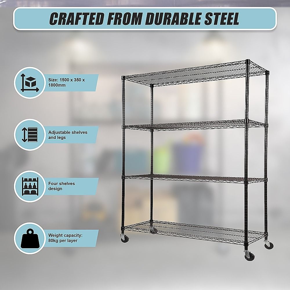Wire Storage Rack – 150x35cm Black Shelving with Wheels