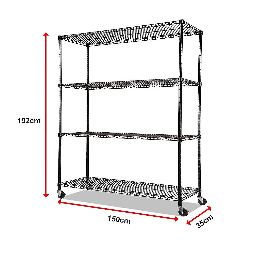 Wire Storage Rack – 150x35cm Black Shelving with Wheels