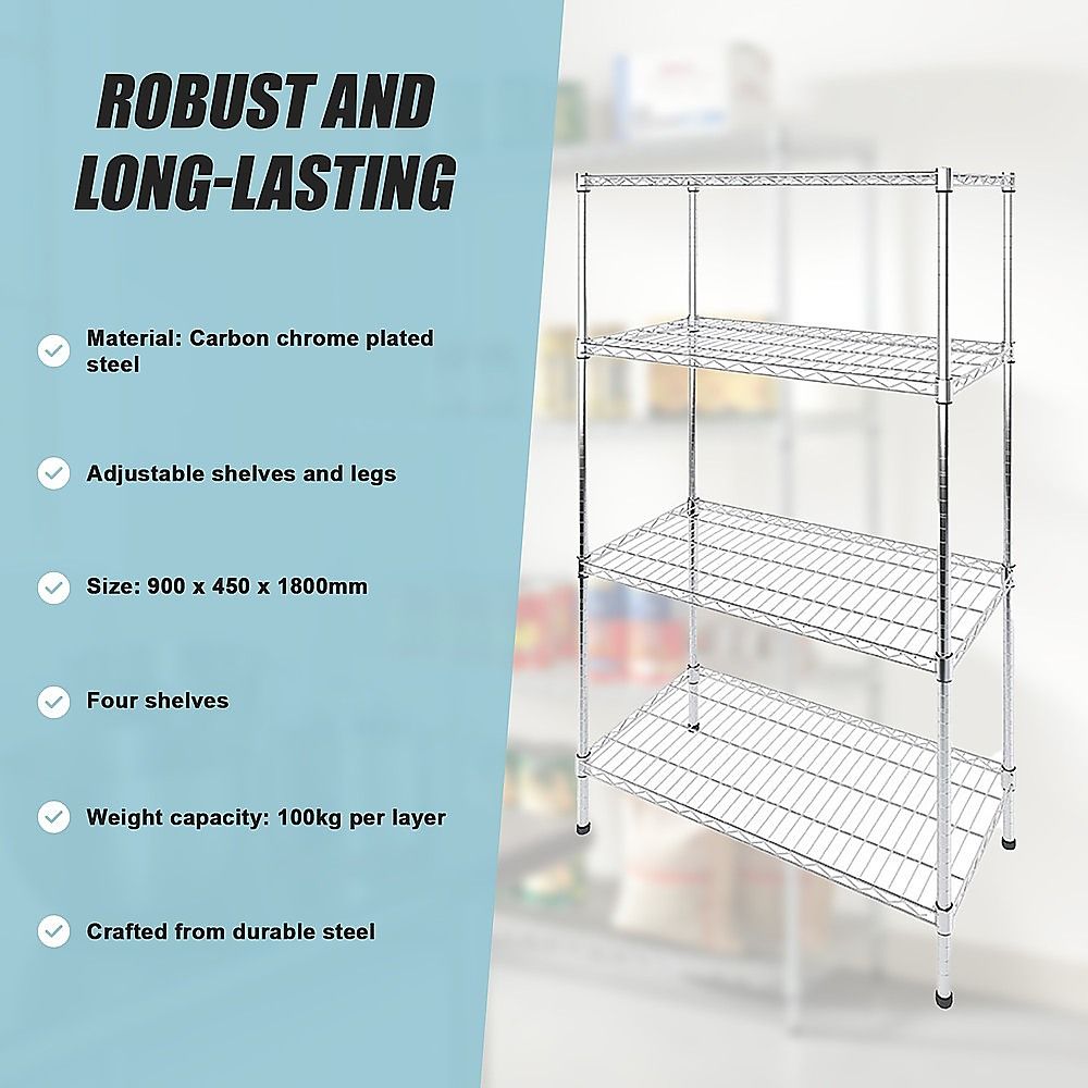 Wire Storage Rack – 90x45cm Chrome Shelving with Fixed Legs