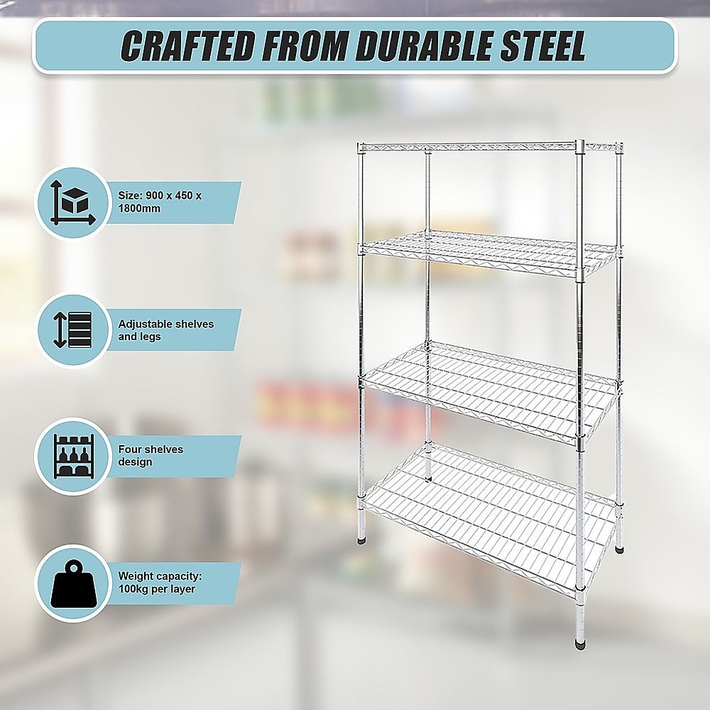Wire Storage Rack – 90x45cm Chrome Shelving with Fixed Legs