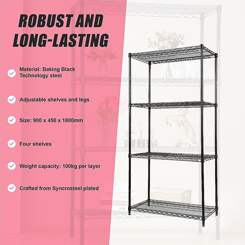 Wire Storage Rack – 90x45cm Black Shelving with Fixed Legs