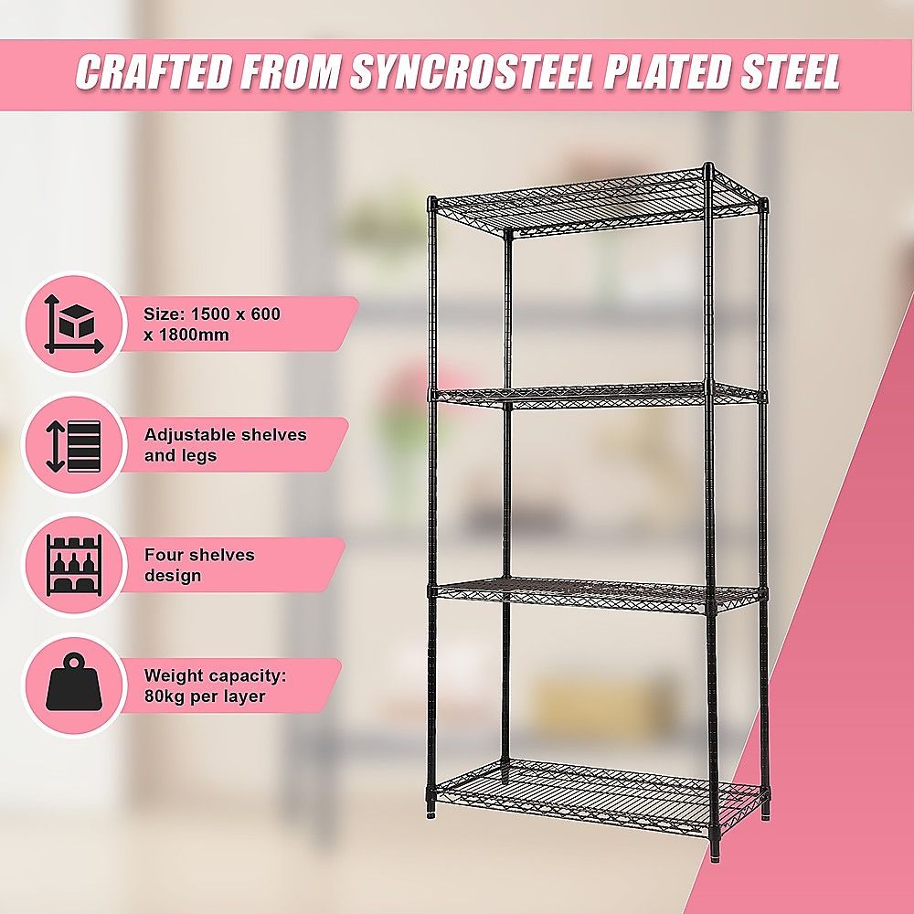 Wire Storage Rack – 90x45cm Black Shelving with Fixed Legs