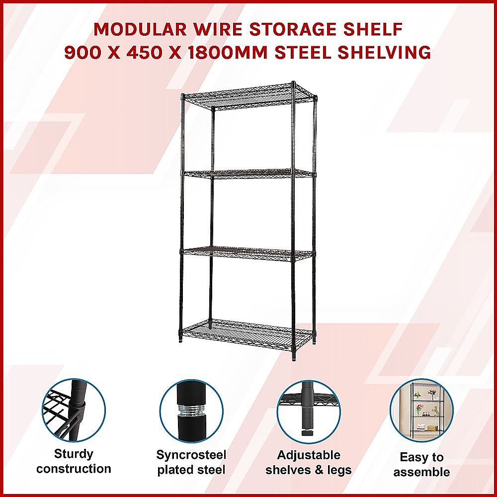 Wire Storage Rack – 90x45cm Black Shelving with Fixed Legs