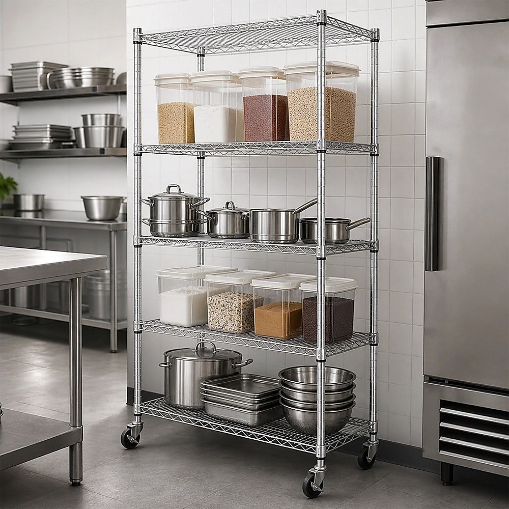 Wire Storage Rack – 90x45cm Chrome Shelving with Wheels