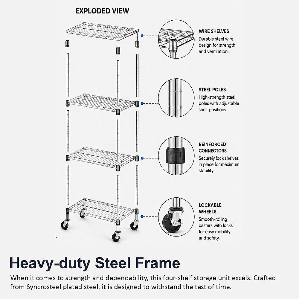 Wire Storage Rack – 90x45cm Chrome Shelving with Wheels