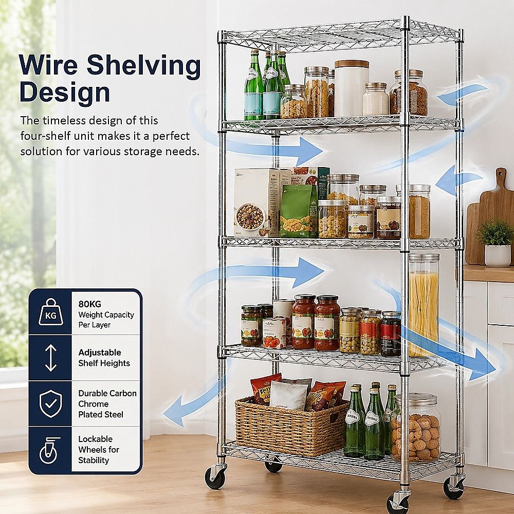 Wire Storage Rack – 90x45cm Chrome Shelving with Wheels