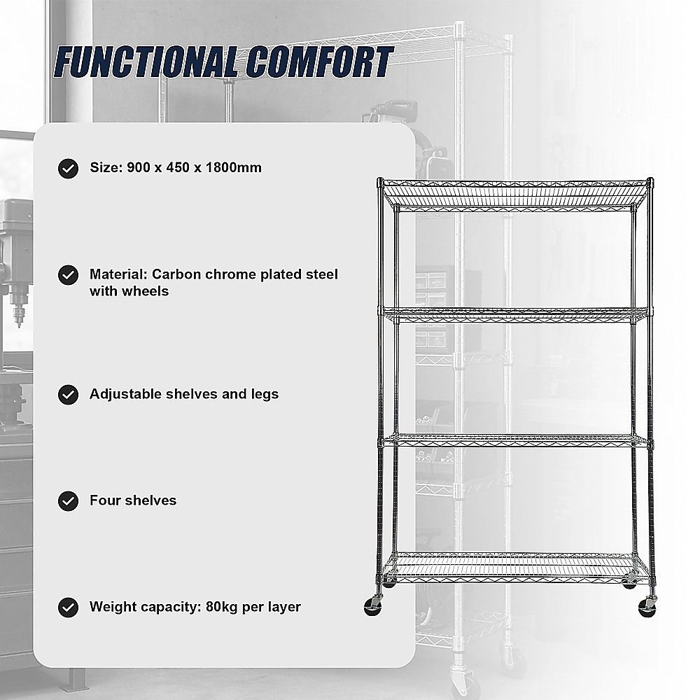 Wire Storage Rack – 90x45cm Chrome Shelving with Wheels