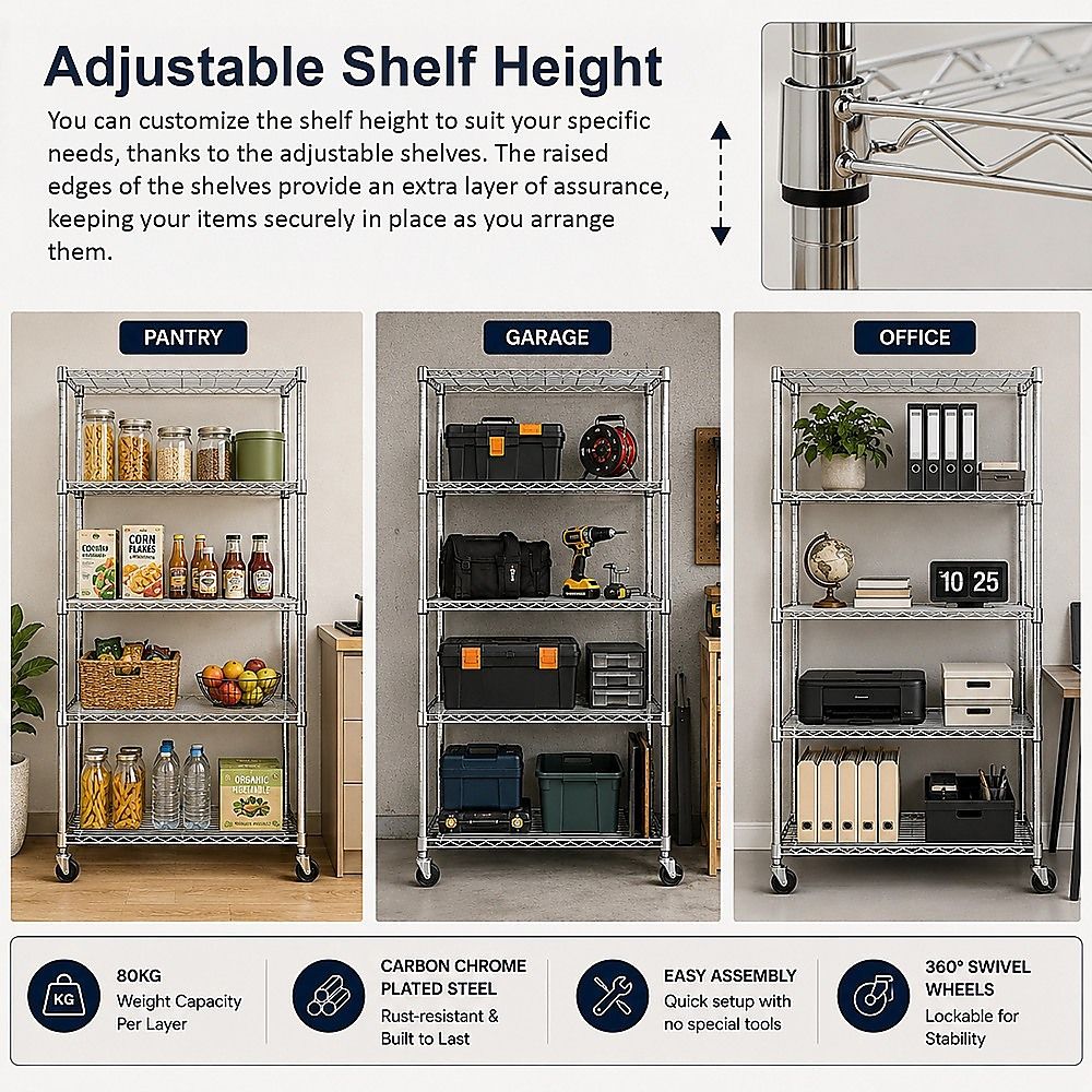 Wire Storage Rack – 90x45cm Chrome Shelving with Wheels