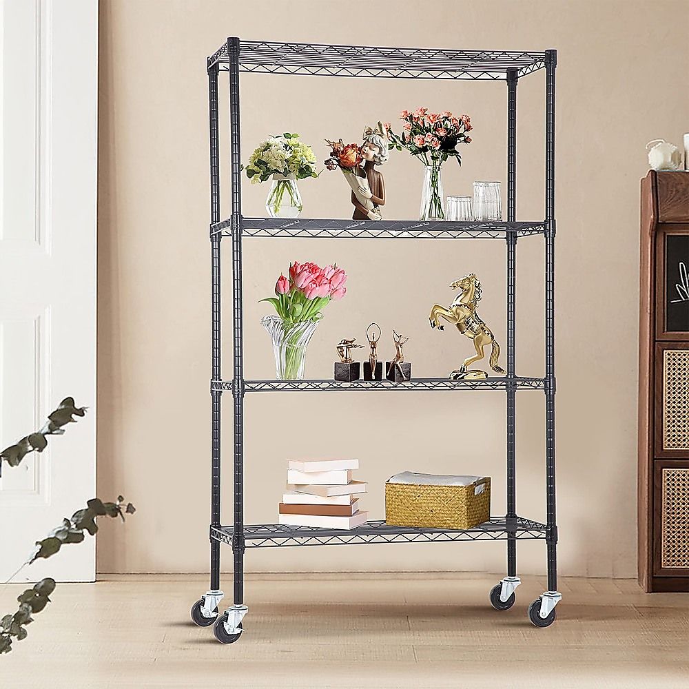 Wire Storage Rack – 90x45cm Black Shelving with Wheels