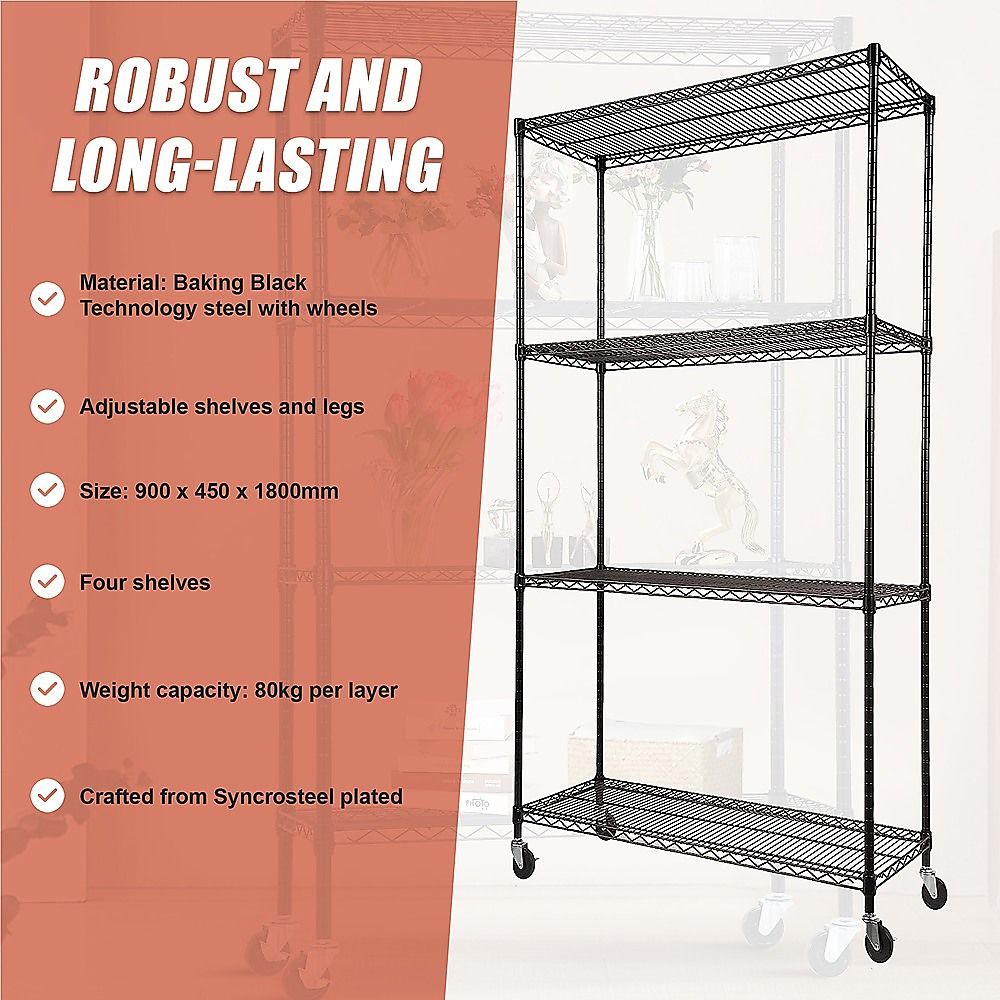 Wire Storage Rack – 90x45cm Black Shelving with Wheels