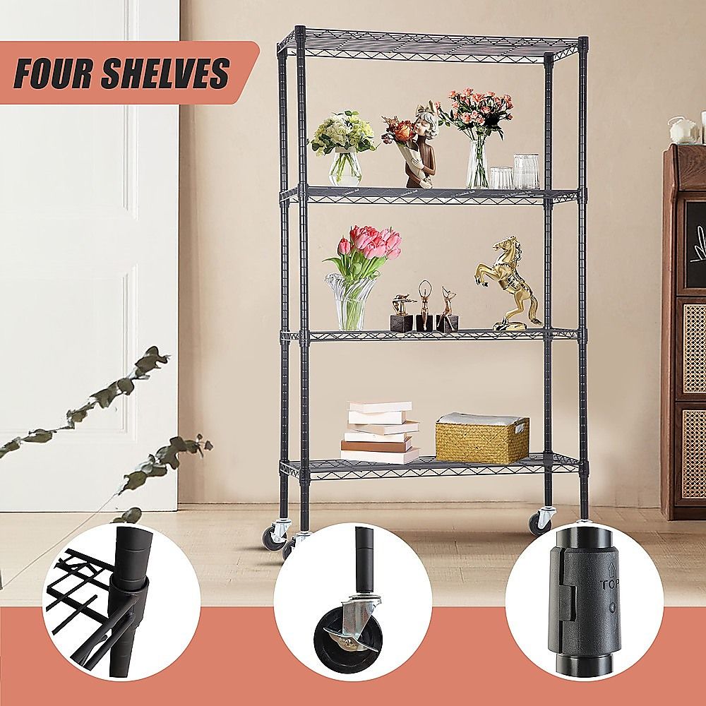 Wire Storage Rack – 90x45cm Black Shelving with Wheels