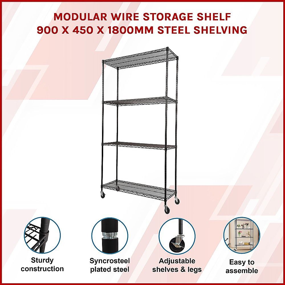 Wire Storage Rack – 90x45cm Black Shelving with Wheels