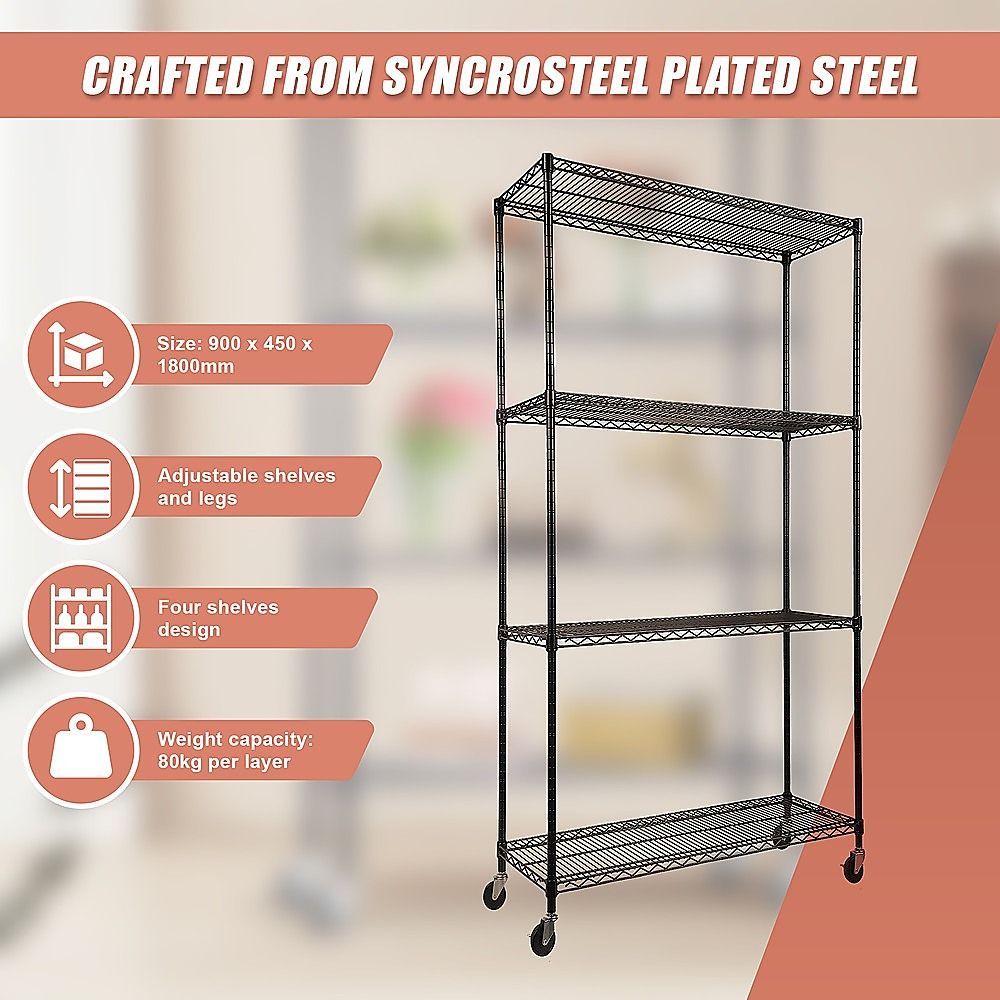 Wire Storage Rack – 90x45cm Black Shelving with Wheels