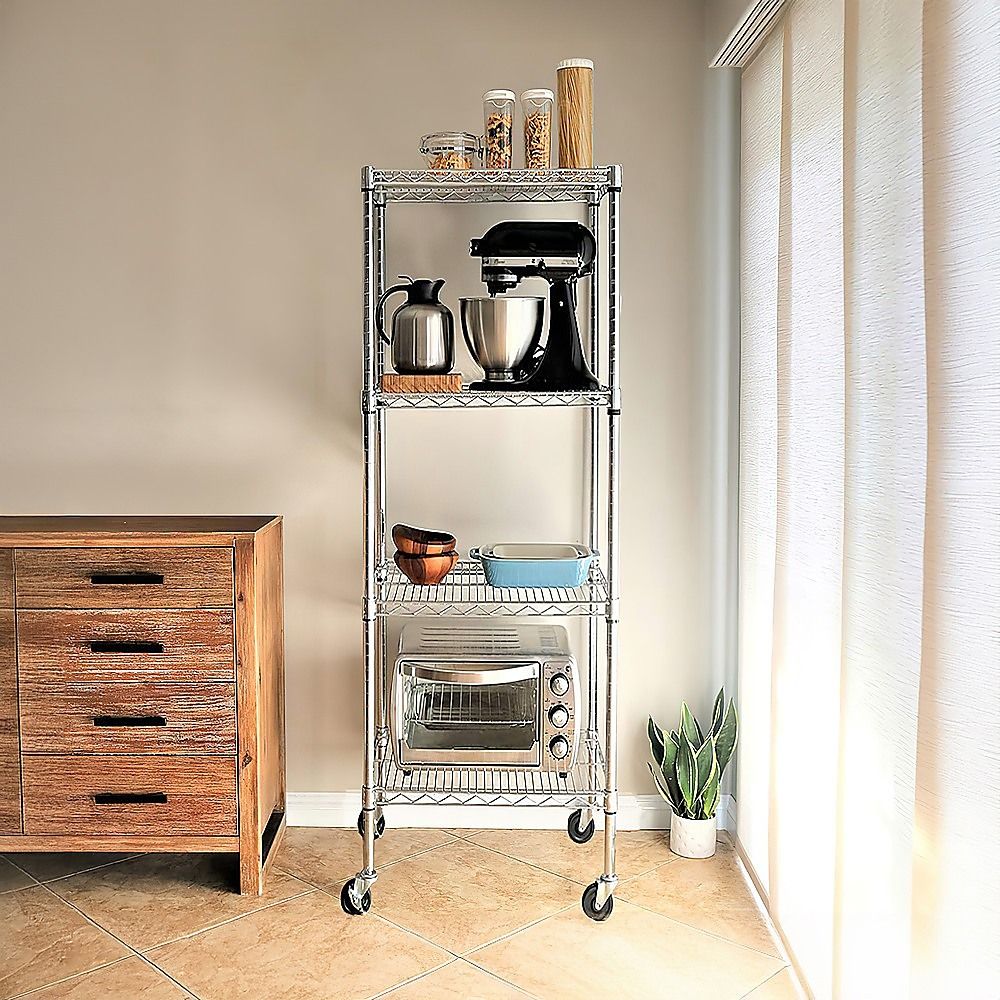 Wire Storage Rack – 35x35cm Chrome Shelving with Wheels