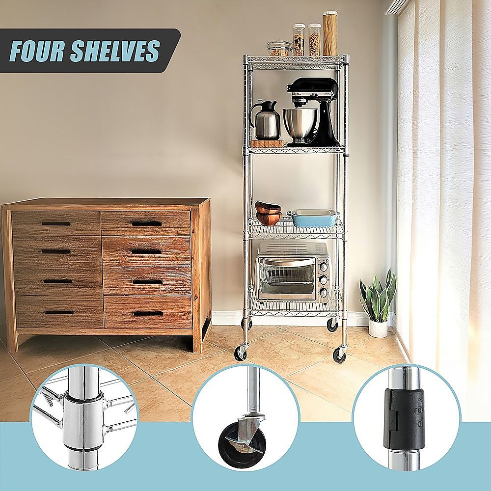 Wire Storage Rack – 35x35cm Chrome Shelving with Wheels