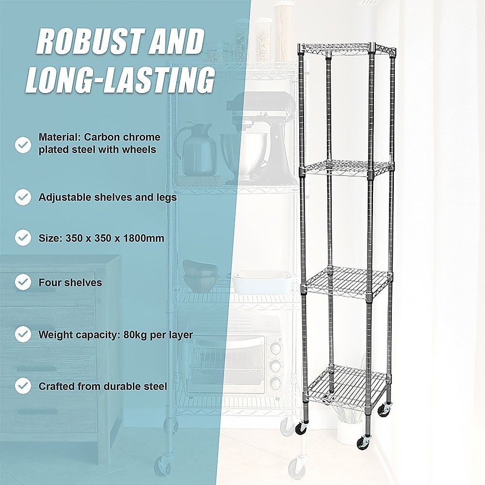 Wire Storage Rack – 35x35cm Chrome Shelving with Wheels