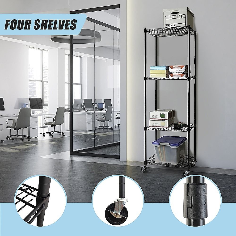 Wire Storage Rack – 35x35cm Black Shelving with Wheels