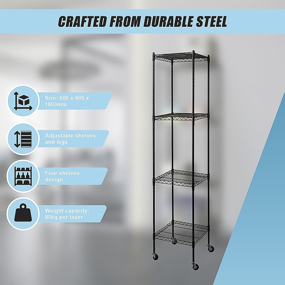 Wire Storage Rack – 35x35cm Black Shelving with Wheels