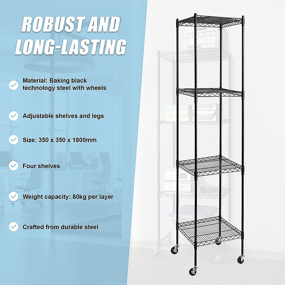 Wire Storage Rack – 35x35cm Black Shelving with Wheels
