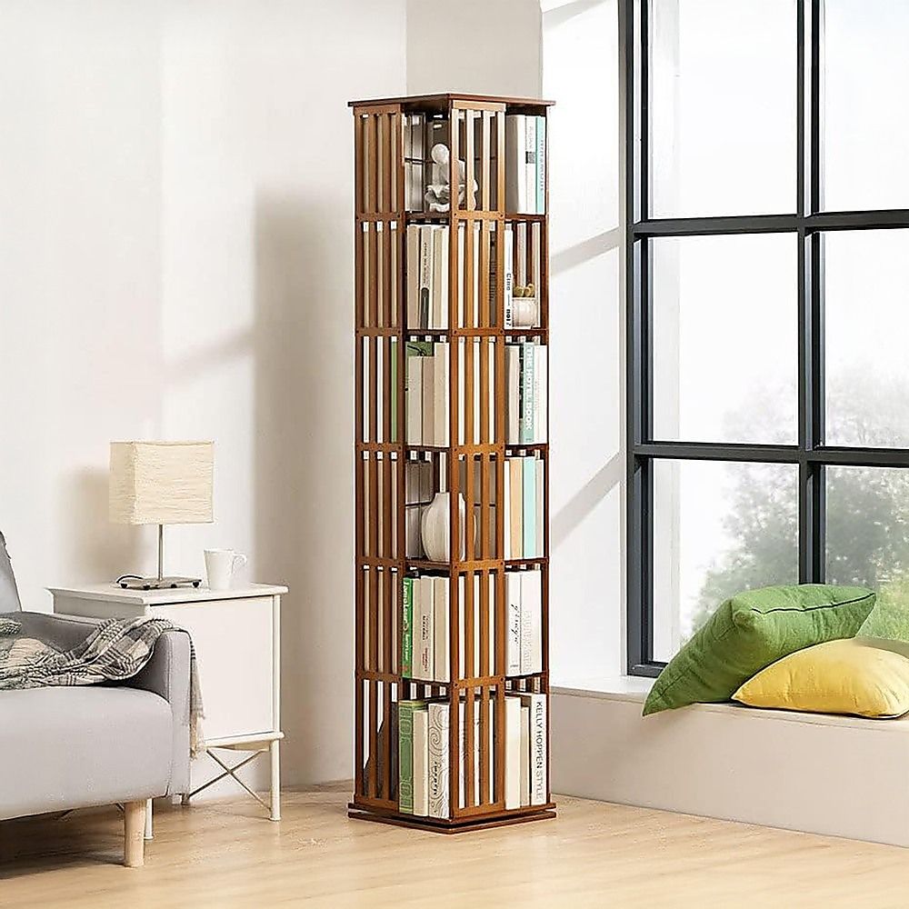 360 Rotating Bookshelf Bamboo Storage Display Rack Shelving in Dark Wood