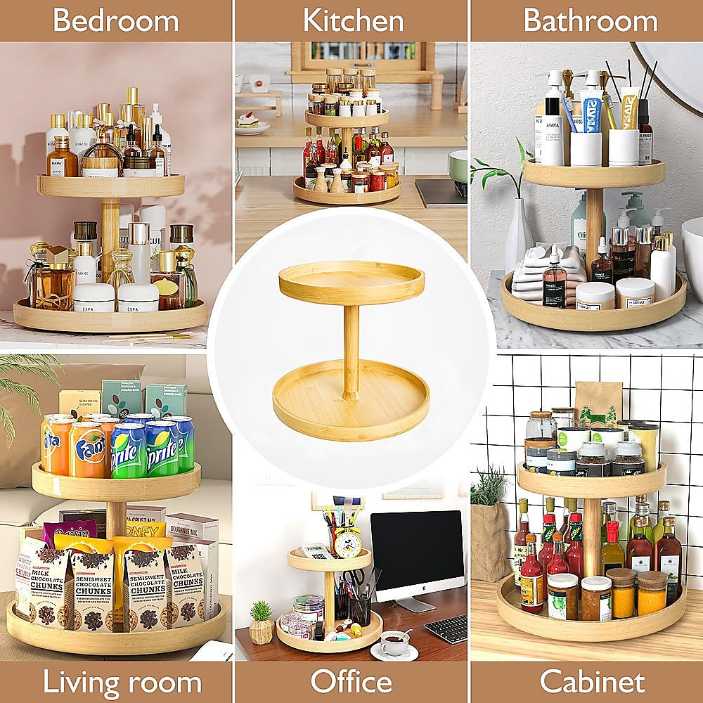 2-Tier Bamboo Lazy Susan Turntable Organizer for Kitchen Counter Cabinet