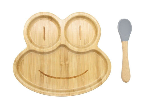 Bamboo Kids Children Baby Plate Bowl & Silicon Suction Cap Base & Spoon - Frog