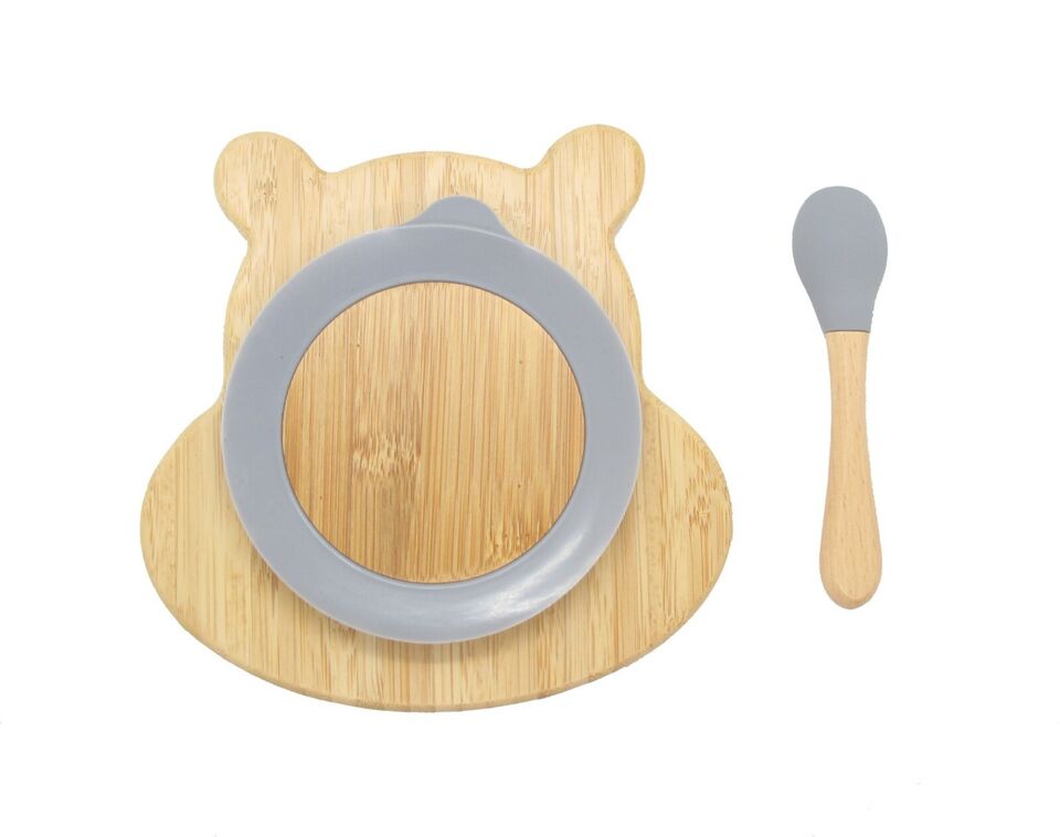 Bamboo Kids Children Baby Plate Bowl & Silicon Suction Cap Base & Spoon - Hippo