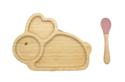 Bamboo Kids Children Baby Plate Bowl & Silicon Suction Cap Base & Spoon - Rabbit