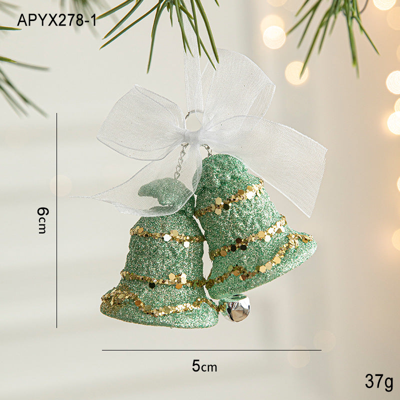 Green Glitter Christmas Bell Ornaments with White Bow - Hanging Holiday Decoration 5 pieces