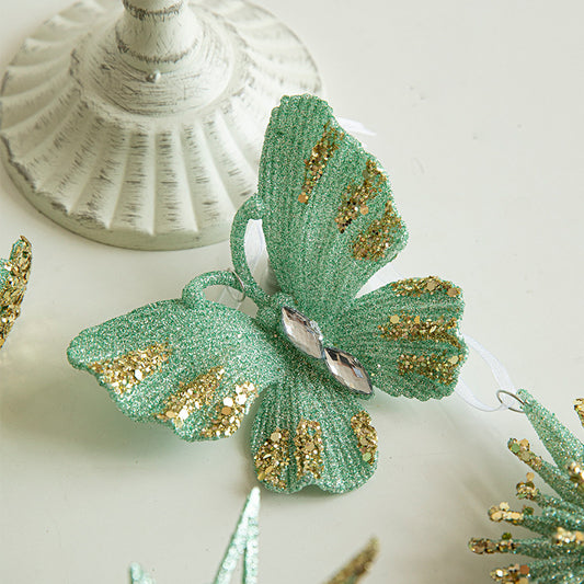 Green Glitter Butterfly Christmas Ornament with Gold Accents - Hanging Holiday Decoration 5 pieces