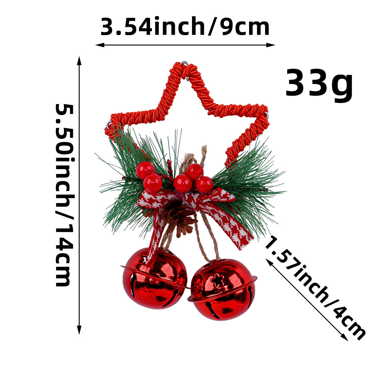 Red Star Christmas Ornament with Bells and Pinecone - Holiday Wreath Decoration 10 pieces