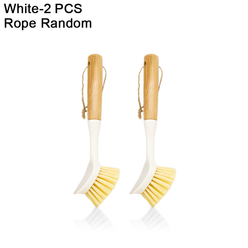 Eco-Friendly Dish Scrub Brush Set - White 2 PCS, Natural Bamboo Handle with Durable Bristles, Random Rope Color