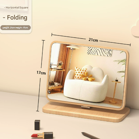 Horizontal Square Folding Mirror Tabletop Makeup Mirror - Large Wooden Swivel Vanity Mirror for Desk