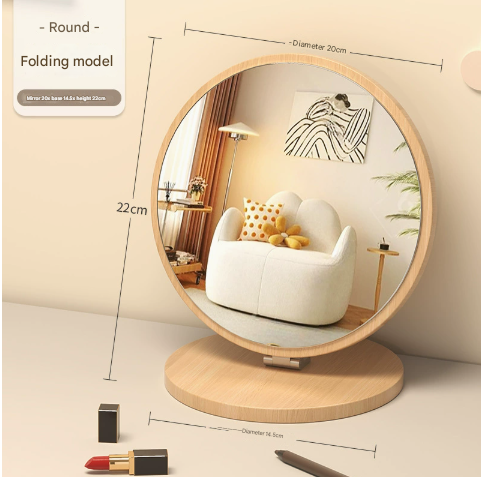 Round Folding Mirror Tabletop Makeup Mirror - Large Wooden Swivel Vanity Mirror for Desk